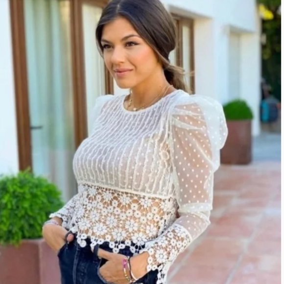 NWT ZARA Dotted Mesh Top/Crocheted hem embellished w/Beading/Pearls Sheer Blouse - Picture 2 of 13